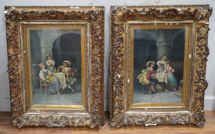 Ch. Mussard (late 19th century), a pair of oils on canvas, Tavern scenes with a fashionable gentleman and two ladies, signed l.l., 46cm x 30cm. Condition - image good condition, frames poor